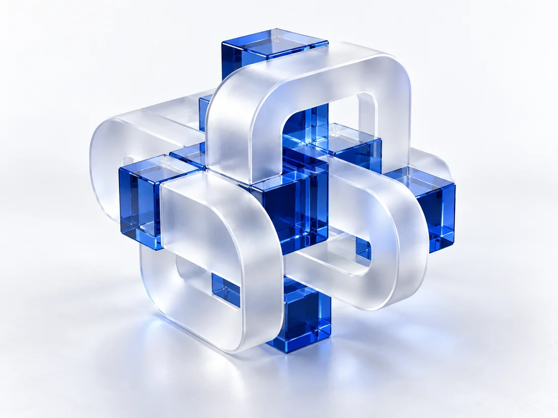 Interlocking frosted glass and blue modules, representing connected software solutions